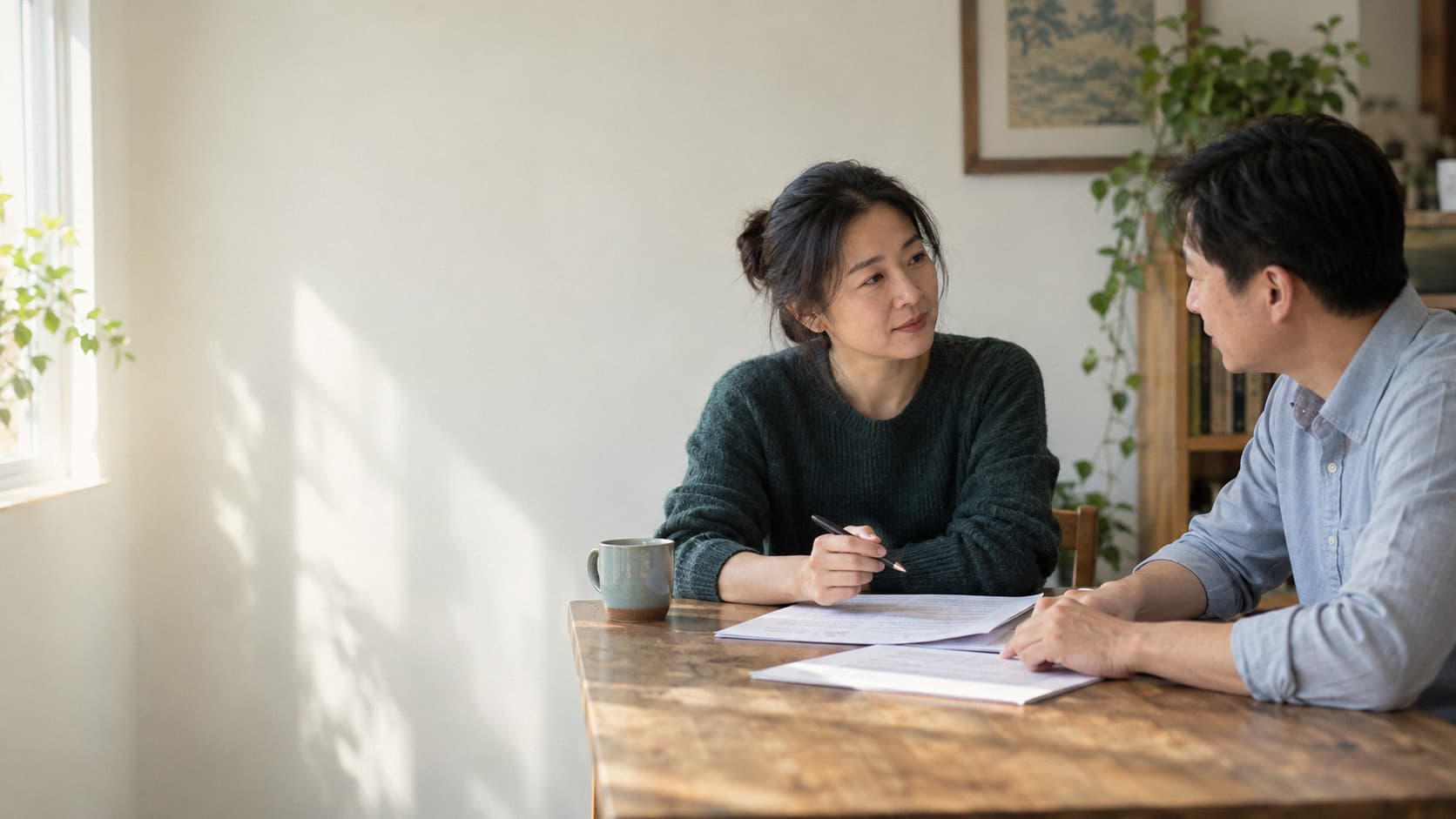 两人坐在桌边核对纸质材料的场景示意
